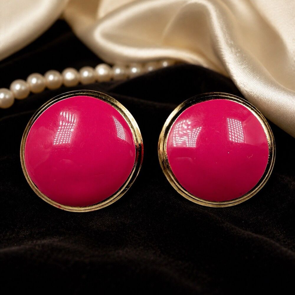 Vintage 1980s Hot Pink Button Earrings Gold Tone Oversized Pierced Posts